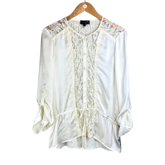 Hale Bob NWT Cream White Charmeuse Lacy Sheer Long Sleeve Button Up Blouse - Picture 13 of 14